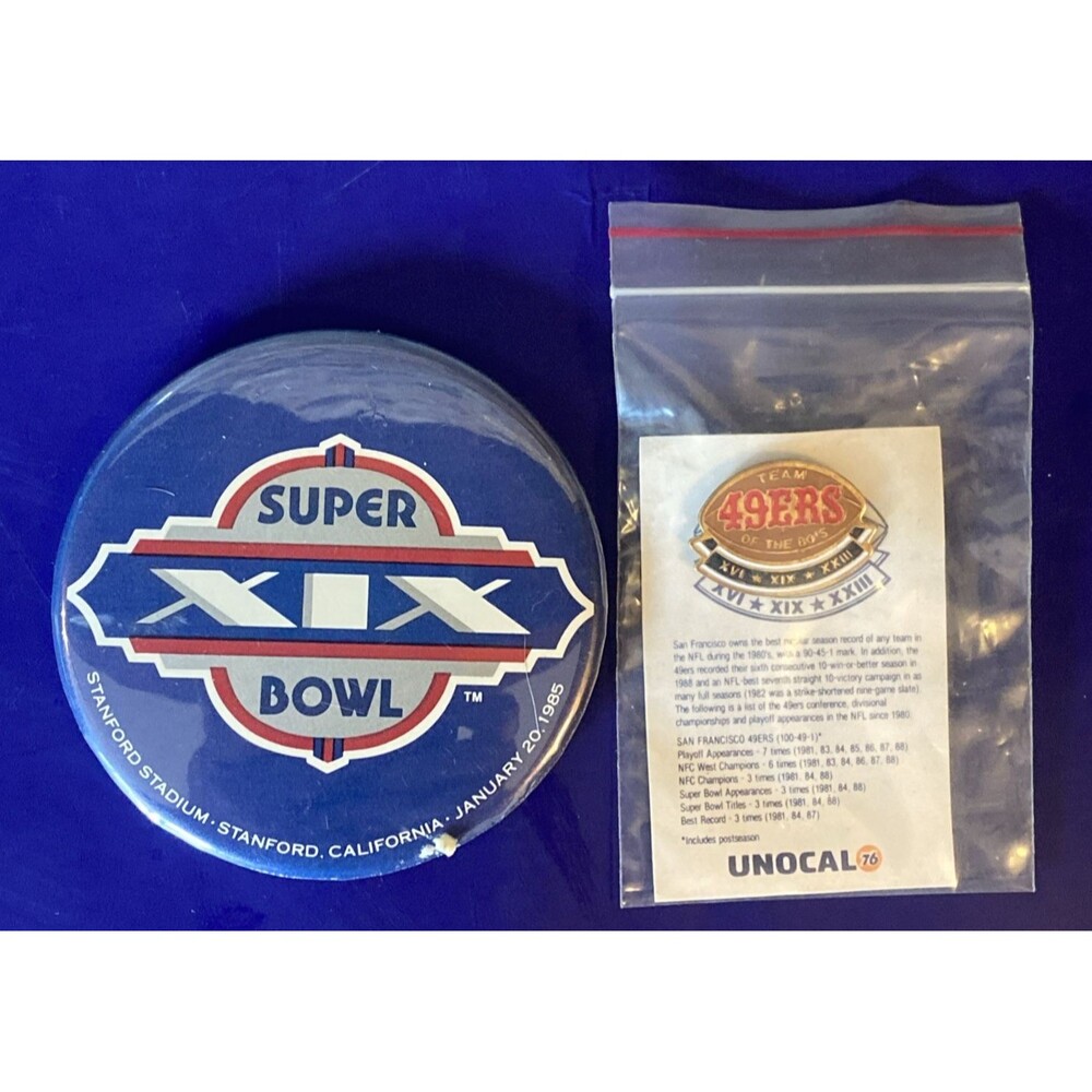 1984 Super Bowl XIX button Miami Dolphins vs San Francisco 49ers And 49ers Pin